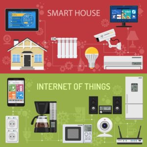 Smart House and internet of things horizontal banners. smartphone and tablet controls smart home like smart plug, fridge coffee maker router microwave and smart tv flat icons. vector illustration