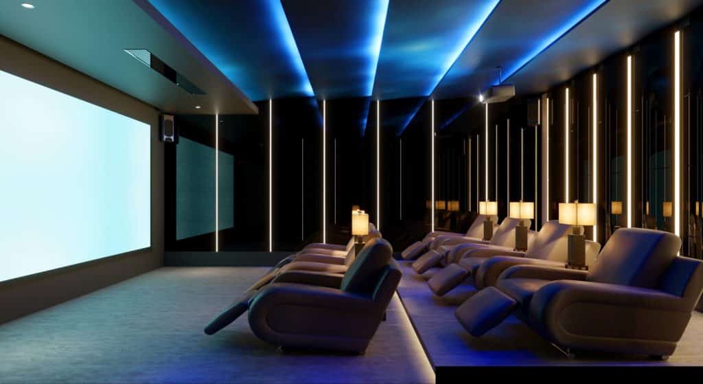 home theater room with blue lights and leather armchairs and a big movie screen