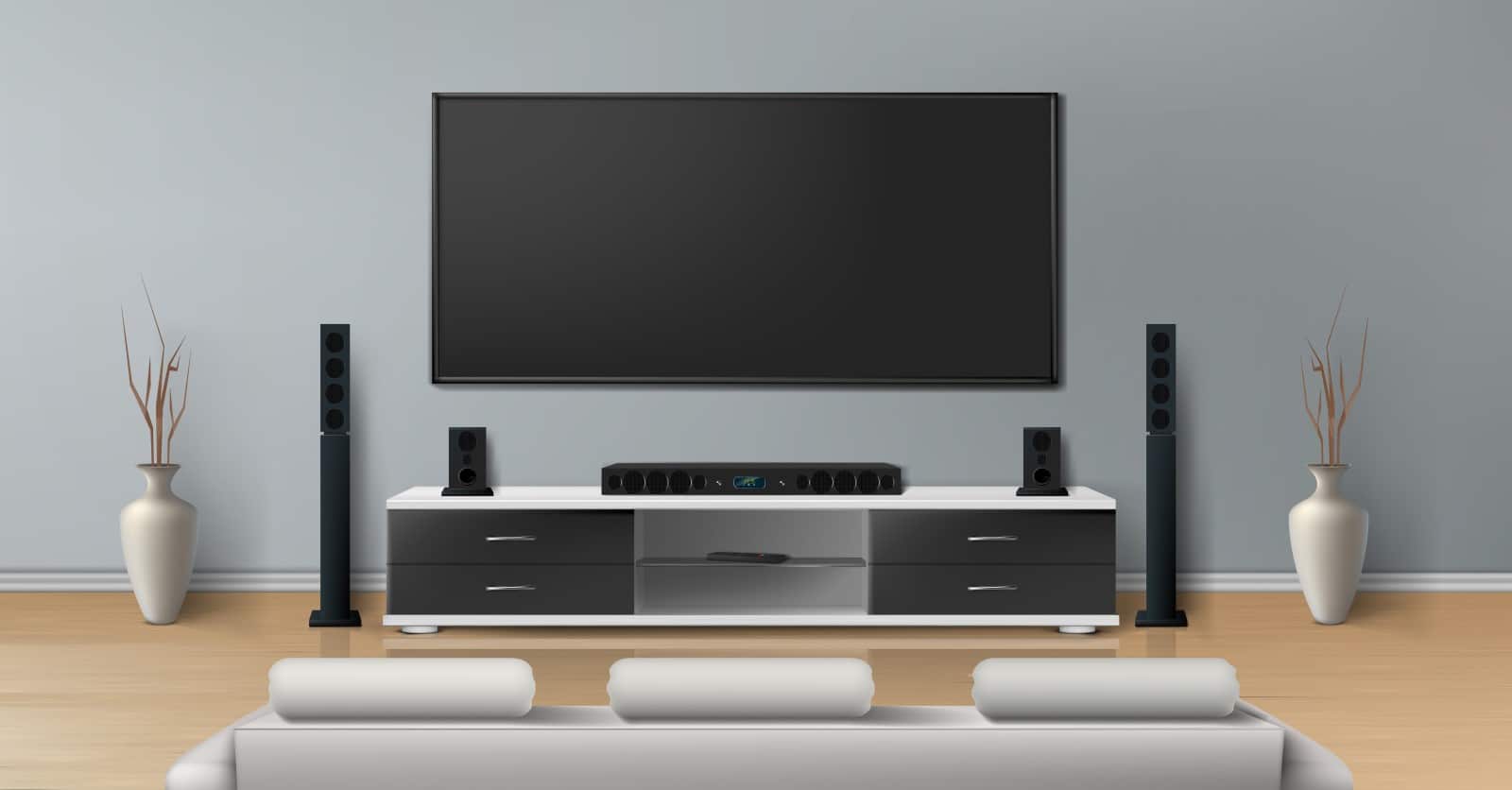 A flat screen TV, surround sound, and equipment concept.